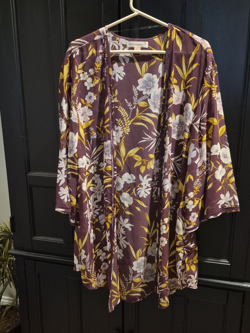 BOG Collective Floral Open Kimono Cardigan in Plum & Mustard